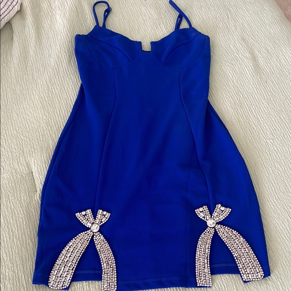Elegant Blue Dress with Embellished Details